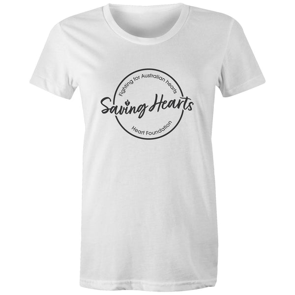 Women's short sleeve white Heart Foundation t-shirt  with Saving hearts print to centre chest.