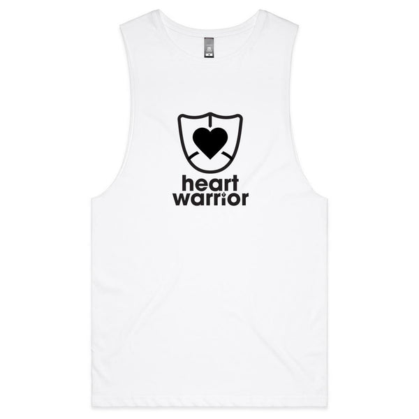 White Heart Foundation mens tank with heart warrior design in black print and displayed on hanger.