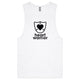 White Heart Foundation mens tank with heart warrior design in black print and displayed on hanger.