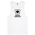 White Heart Foundation mens tank with heart warrior design in black print and displayed on hanger.