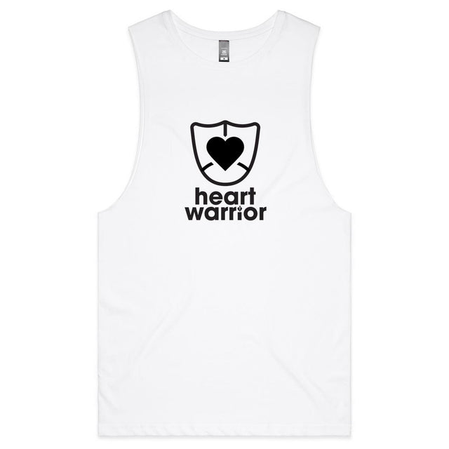 White Heart Foundation mens tank with heart warrior design in black print and displayed on hanger.