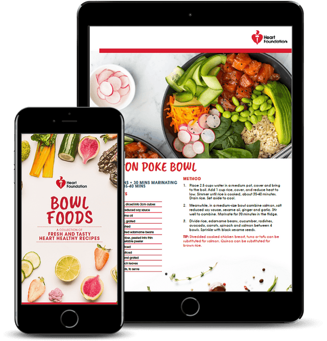 Heart Foundation Bowl Foods Recipe eBook image showing Salmon Poke Bowl  on tablet device and cover on mobile